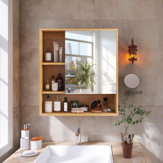 Natural Bamboo Bathroom Vanity Mirror Cabinet Wall Mounted Cupboard
