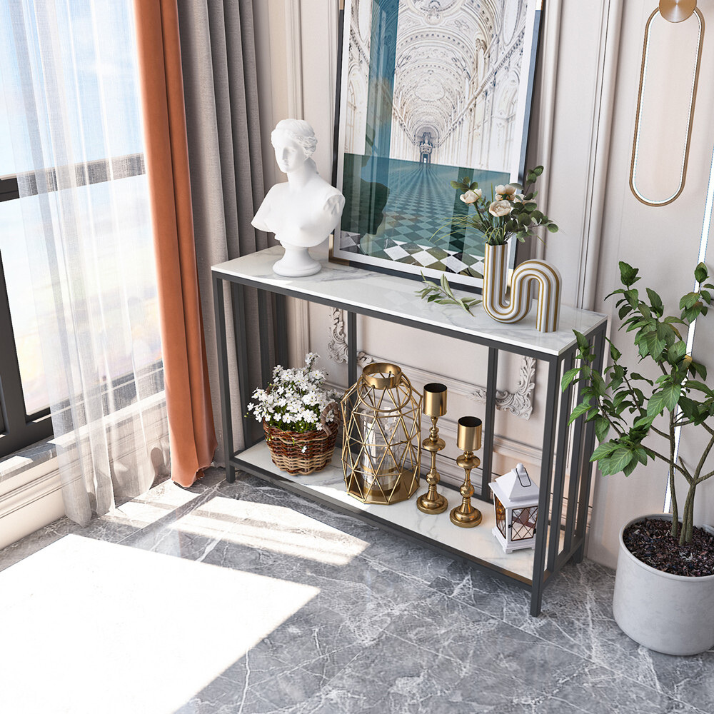 Modern White Marble Console Table with Storage Shelf